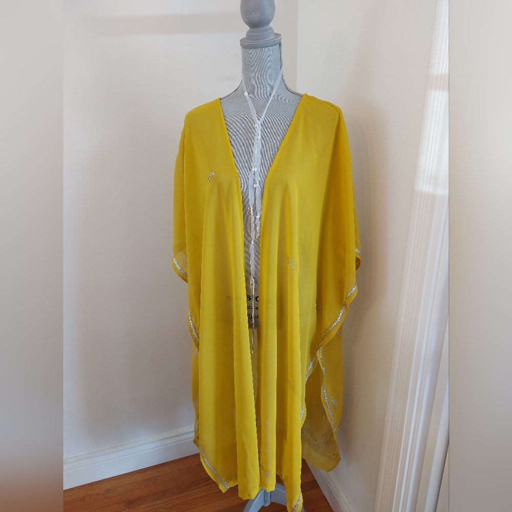 Sheer Elegant Yellow Kimono with Silver Beaded Accents